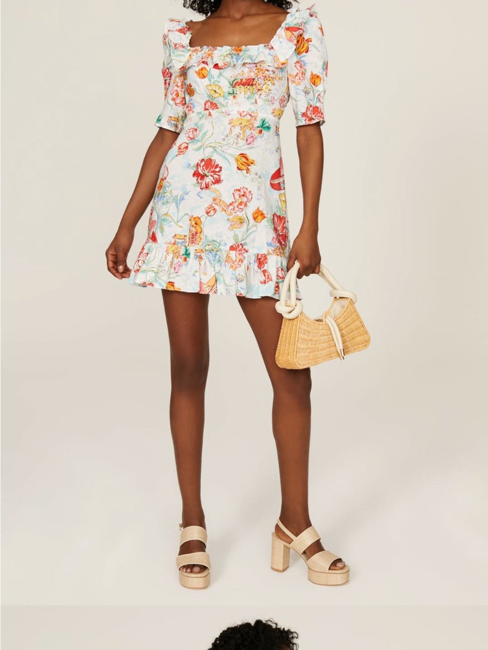 Rixo Floral Ruffle Mini Dress in White with Multicolor Print